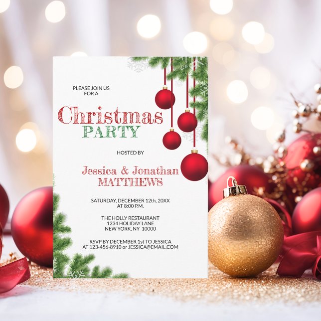 Invitation FÊTE DE NOËL Rouge Vert Ornement Pine Neige (CHRISTMAS PARTY Red Green Ornament Pine Snow Invitation)