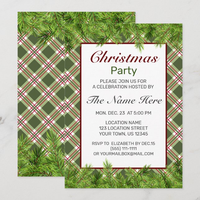Invitation Fête de Noël Rouge Vert Plaid & Pine Branch (Devant / Derrière)