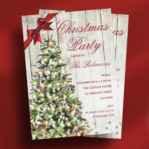 Invitation Fête de Noël Rustic Tree & Red Ribbon Invitat