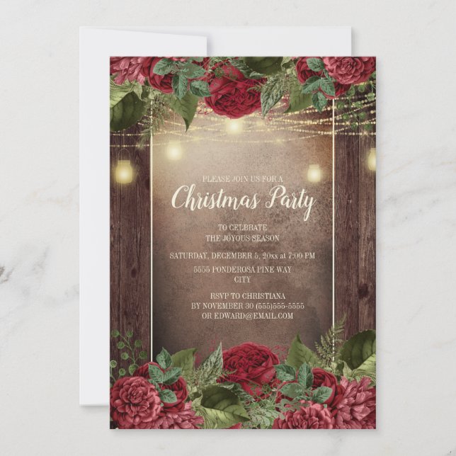 Invitation Fête de Noël Rustique Bois Bourgogne Floral String (Devant)