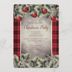 Invitation Fête de Noël Rustique Buffalo Plaid Gris Argent