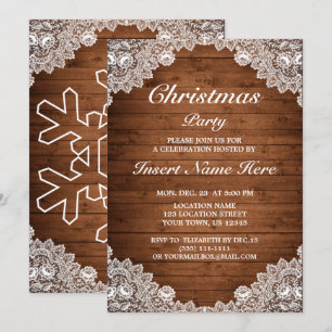 Invitation Fête de Noël Rustique en bois et dentelle blanche