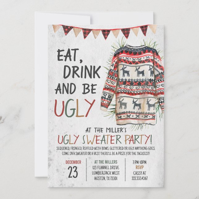 Invitation Fête de Noël rustique et moche (Devant)