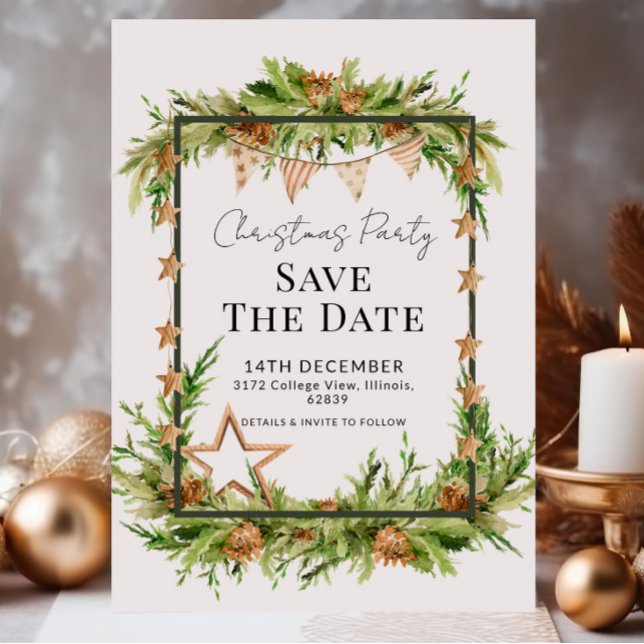 Invitation Fête de Noël rustique et verdoyante Sauvez la date (Créateur téléchargé)