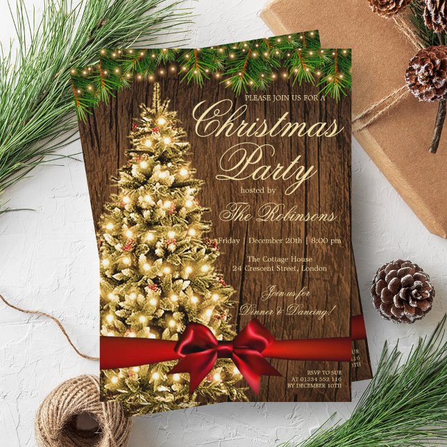 Invitation Fête de Noël rustique | Lumières de l'arbre de Noë (Rustic Christmas Party | Xmas Tree Lights & Ribbon Invitation)