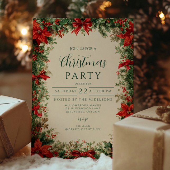 Invitation Fête de Noël Rustique Poinsettia Pine (Créateur téléchargé)