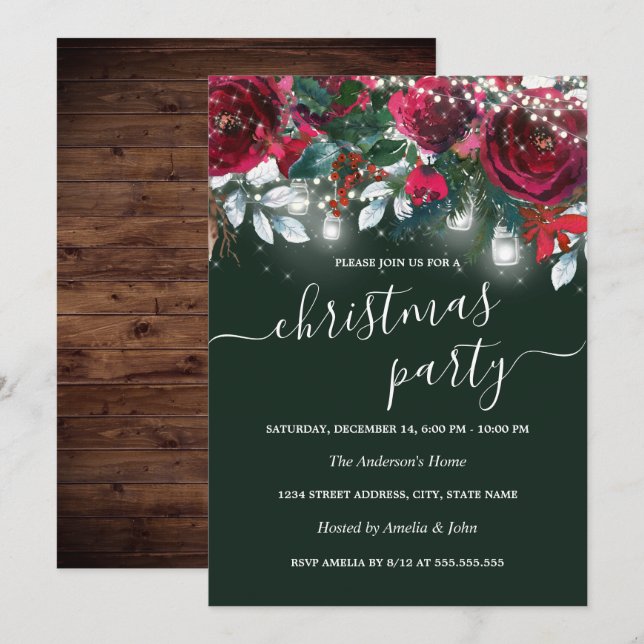 Invitation Fête de Noël Rustique Rouge Vert Floral Étincelle (Devant / Derrière)