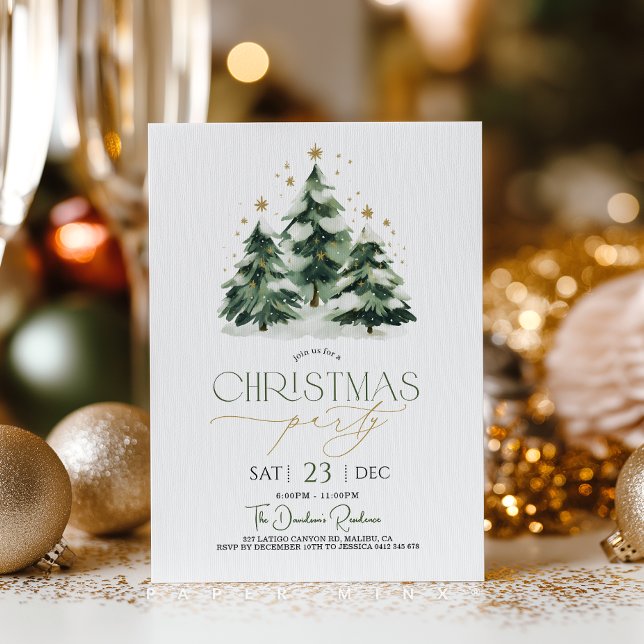 Invitation Fête de Noël Sapin de Noël Vert Or (Christmas party invitation featuring cute green and gold Christmas tree and stars. )