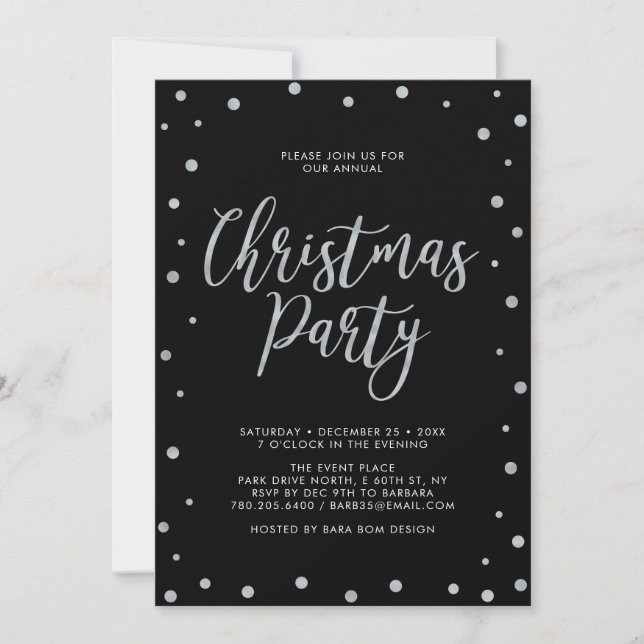 Invitation Fête de Noël Silver & Black Modern Confetti (Devant)