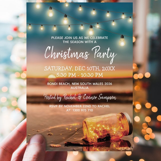 Invitation Fête de Noël sur la Plage au Coucher de Soleil Tro (Créateur téléchargé)