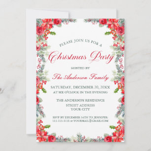 Invitation Fête de Noël traditionnelle avec houx et roses
