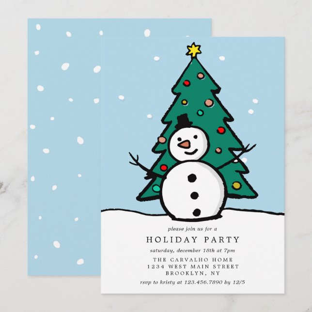 Invitation Fête de Noël Tree and Snowman (Devant / Derrière)