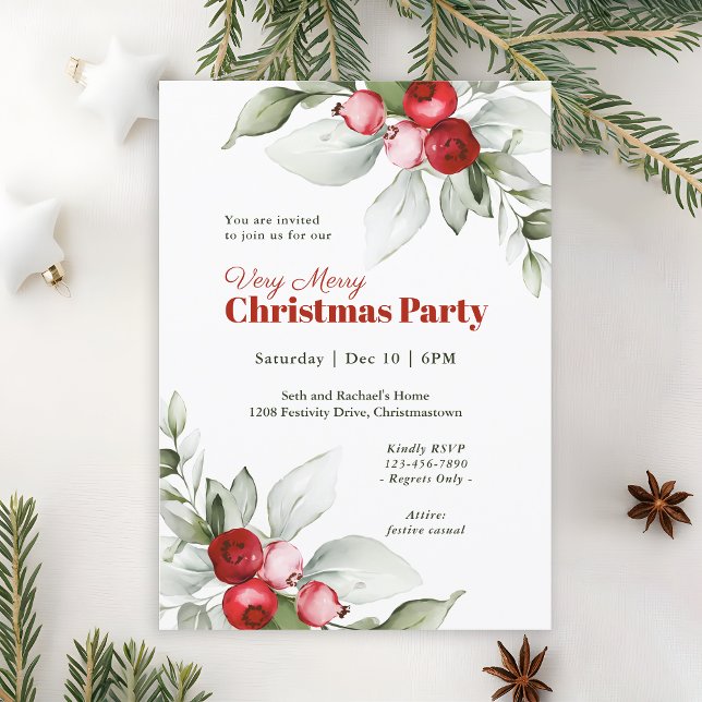 Invitation Fête de Noël Très Joyeuse avec des Baies Rouges (Available in both printed and instant download digital formats.)