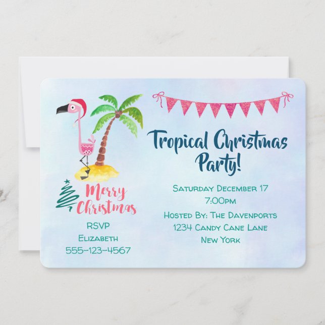 Invitation Fête de Noël tropicale Flamant rose rose (Devant)