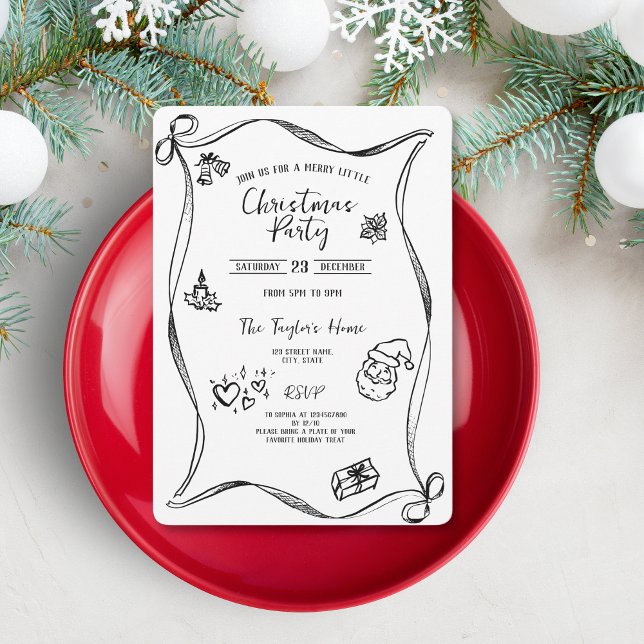 Invitation Fête de Noël unique main Whimsical tiré Bow (Créateur téléchargé)