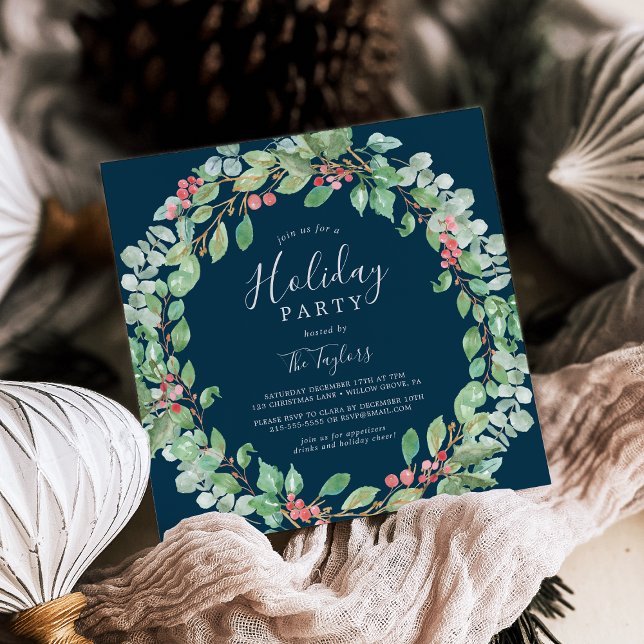 Invitation Fête de Noël Vert Courbe de la Marine (Christmas Greenery Wreath Navy Holiday Party Invitation)