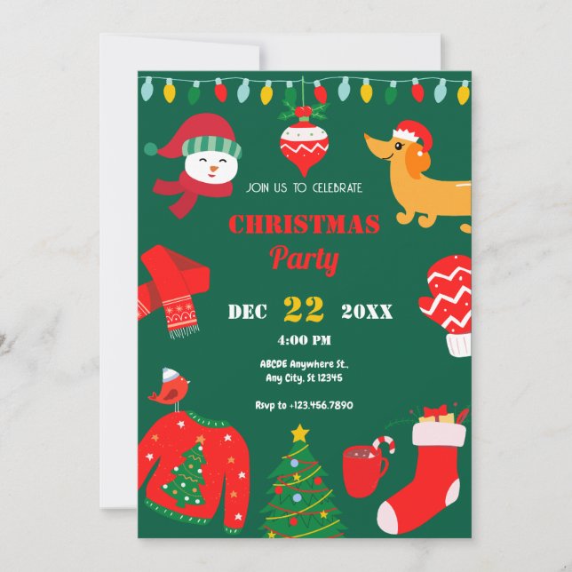 Invitation Fête de Noël vert icône hiver Noël (Devant)