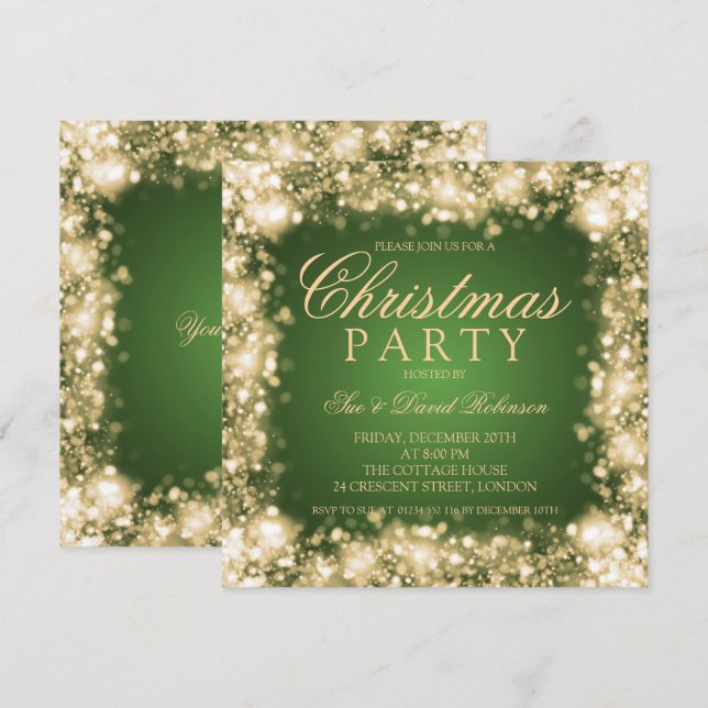 Invitation Fête de Noël Vert Or Éclairage (Devant / Derrière)