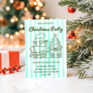 Invitation Fête de Noël verte menthe avec train et arbre