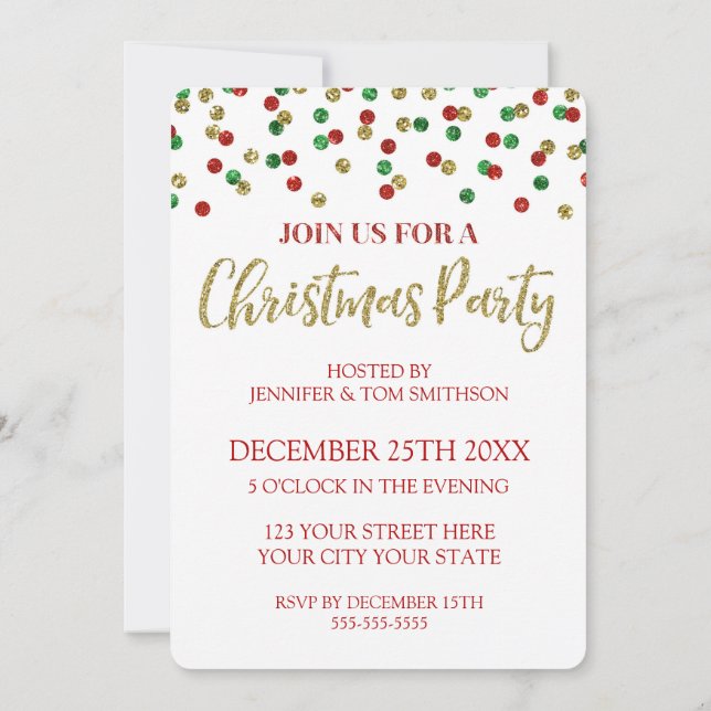 Invitation Fête de Noël verte rouge de confettis de parties (Dos)