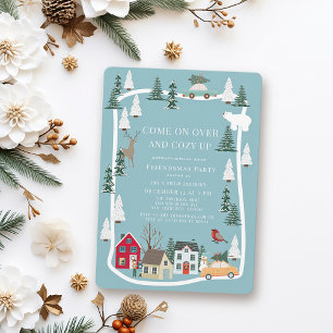 Invitation Fête de Noël Village enneigé Bleu Cozy Up