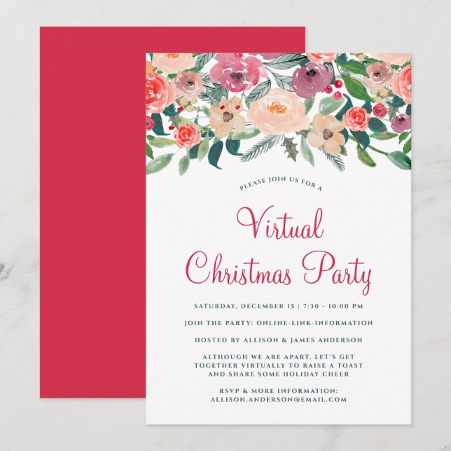 Invitation Fête de Noël virtuelle Florales d'hiver verdure (Devant / Derrière)
