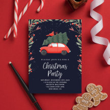 Fête de Noël Voiture rouge et pin vert neige