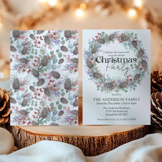Invitation Fête de Noël Watercolor Wreath Botanique (Créateur téléchargé)