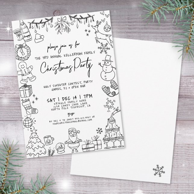 Invitation Fête de Noël Whimsical dessinée à la main (Hand Drawn Whimsical Christmas Party Invitation)