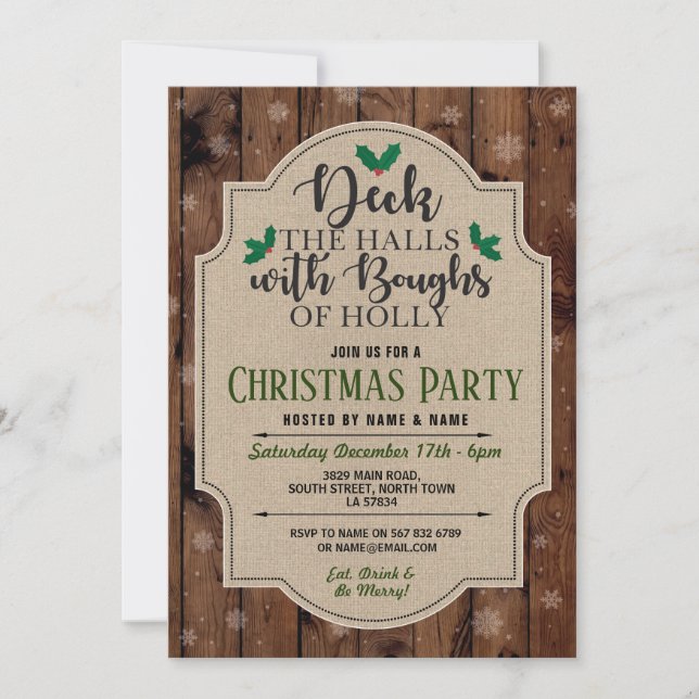 Invitation Fête de Noël Wood Holly Burlap Snow (Devant)