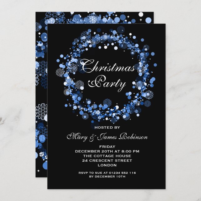 Invitation Fête de Noël Wreath bleu (Devant / Derrière)