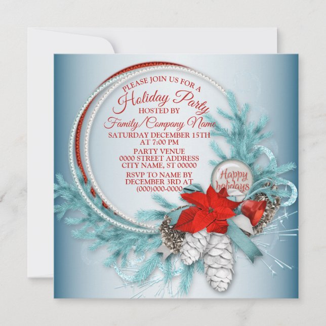Invitation Fête de Noël Wreath Red Bow Turquoise Holidays (Devant)
