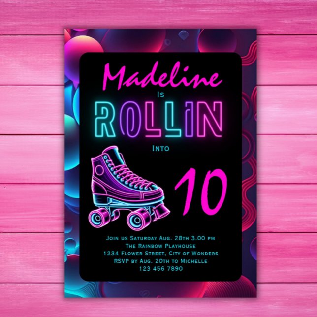 Invitation Fête de patinage à rouleaux Filles Neon Glow Anniv (Créateur téléchargé)