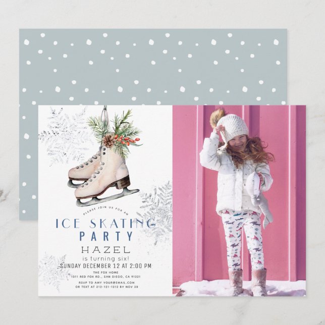 Invitation Fête de patinage sur glace Flocon de neige blanc P (Devant / Derrière)