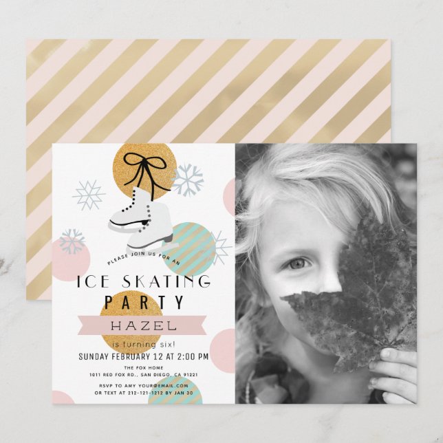 Invitation Fête de patinage sur glace Hiver Rose Girl Photo A (Devant / Derrière)