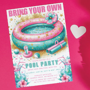 Invitation Fête de piscine à apporter Rose Paillettes de turq