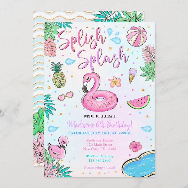 Invitation Fête de Piscine aux Flamants Roses (Devant / Derrière)