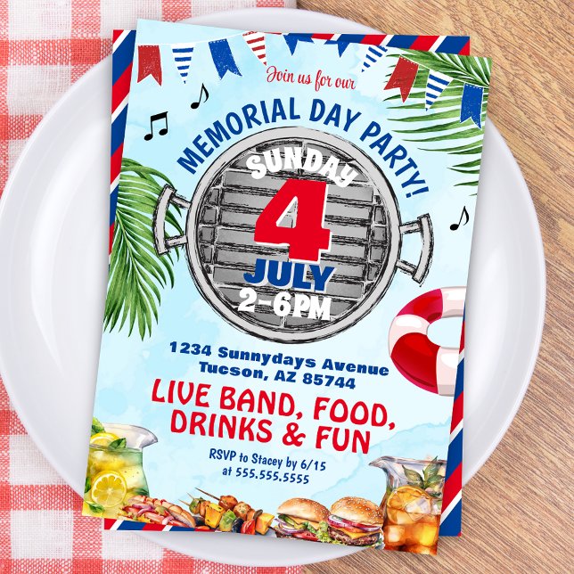 Invitation Fête de piscine BBQ pour le Memorial Day Rouge Bla (Patriotic Red White and Blue Memorial Day 4th of July Birthday Invitation for BBQ Pool Party Invites)