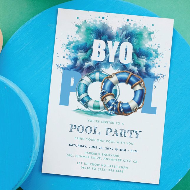Invitation Fête de Piscine BYO Bleu Turquoise Splash d'Eau (Créateur téléchargé)