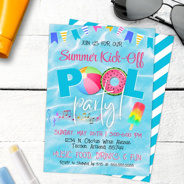 Invitation Fête de piscine colorée et conviviale pour l'été (Summer Pool Party Invitation with Modern script and colorful popsicles for tropical invites)