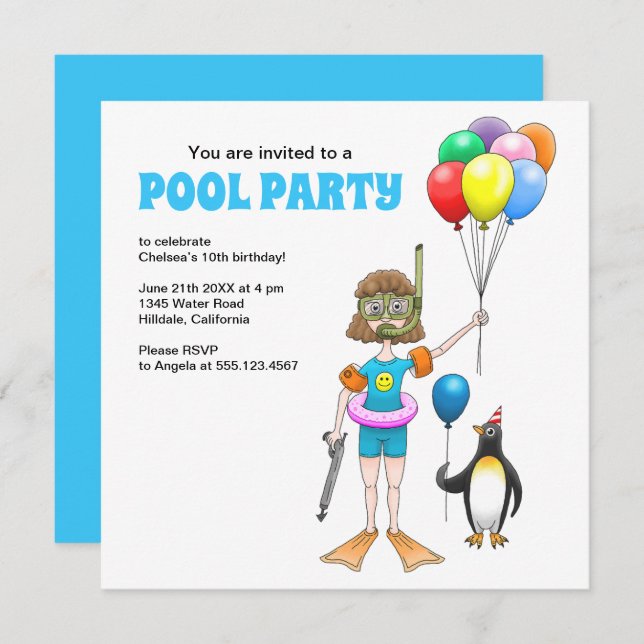 Invitation Fête de piscine d'été Anniversaire (Devant / Derrière)