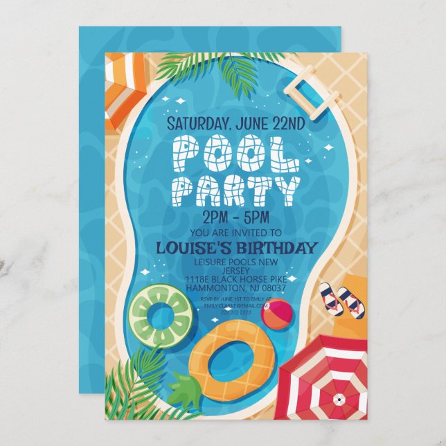 Invitation Fête de piscine d'été Anniversaire (Devant / Derrière)