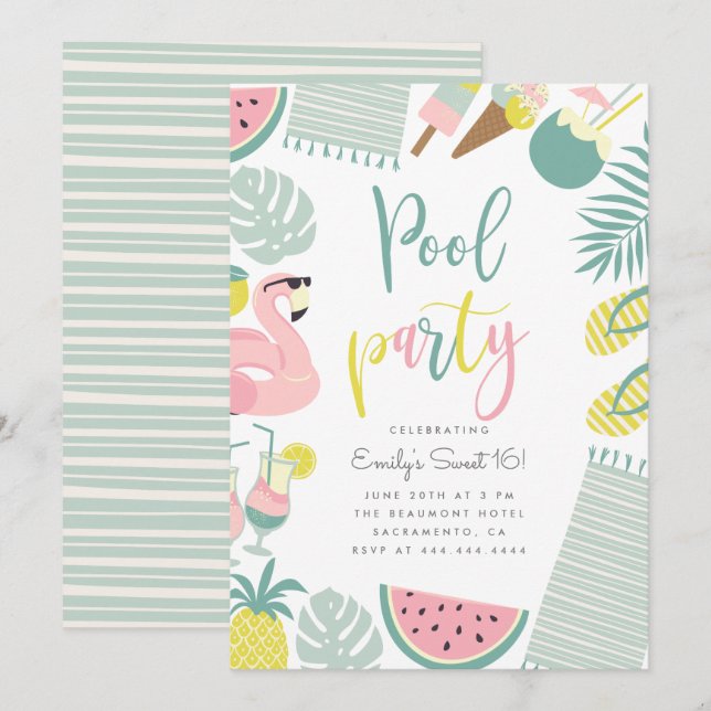 Invitation Fête de piscine d'été moderne Script Sweet 16 Anni (Devant / Derrière)