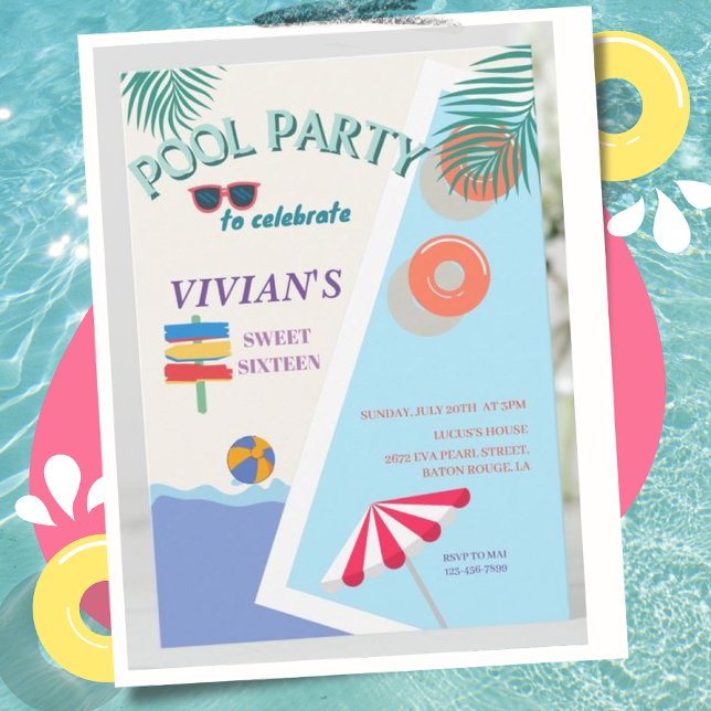 Invitation Fête de piscine d'été moderne Sweet 16 Anniversair (Créateur téléchargé)