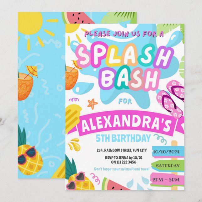 Invitation Fête de Piscine Fille Rose Été Splash Party de Pis (Devant / Derrière)