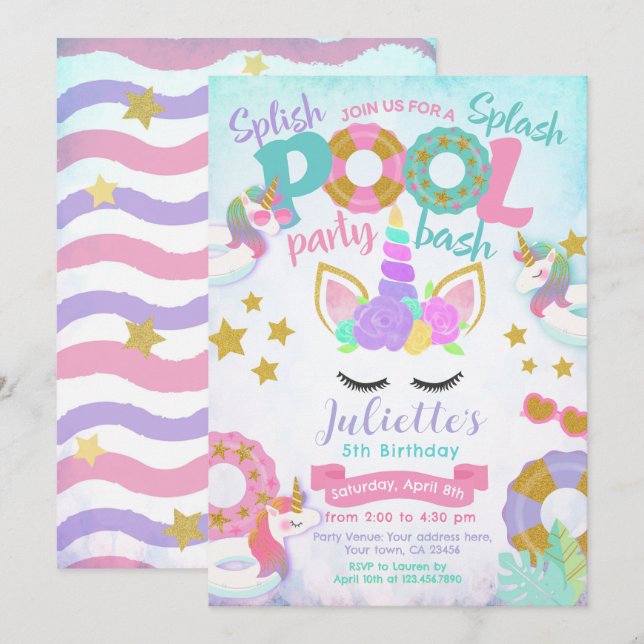 Invitation Fête de Piscine Licorne (Devant / Derrière)