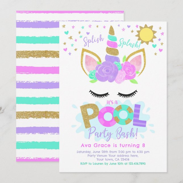 Invitation Fête de Piscine Licorne (Devant / Derrière)