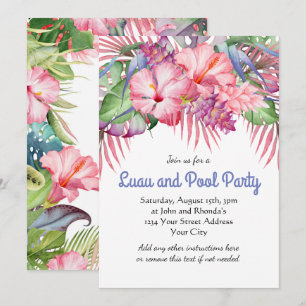 Invitation Fête de Piscine Luau Floral Tropical Aloha