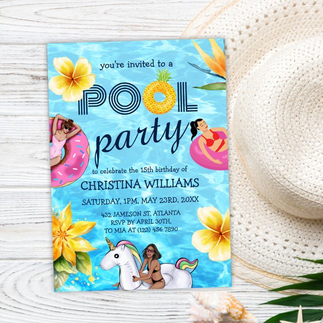 Invitation Fête de piscine moderne été fille Anniversaire (Modern Pool Party Summer Girl Birthday Invitation)