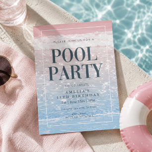 Invitation Fête de Piscine Moderne Rose et Bleue avec Photo